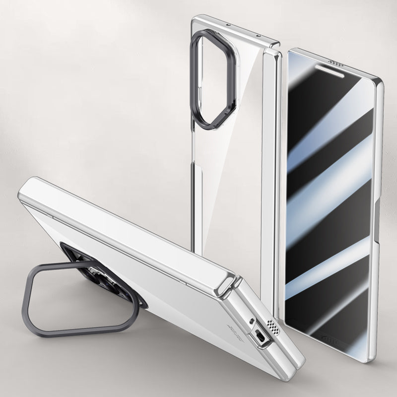 For Samsung Galaxy Z Fold6 5G Clear Case PC+Acrylic Kickstand Phone Cover with Anti-Peep Screen Protector - Silver