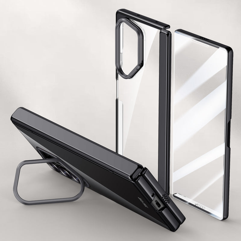 For Samsung Galaxy Z Fold6 5G Kickstand Case PC+Acrylic Clear Phone Cover with HD Screen Film - Black