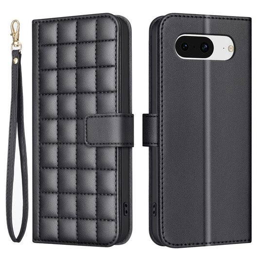BINFEN COLOR BF34 for Google Pixel 8 Case Square Grid PU Leather Folio Flip Cover - Black