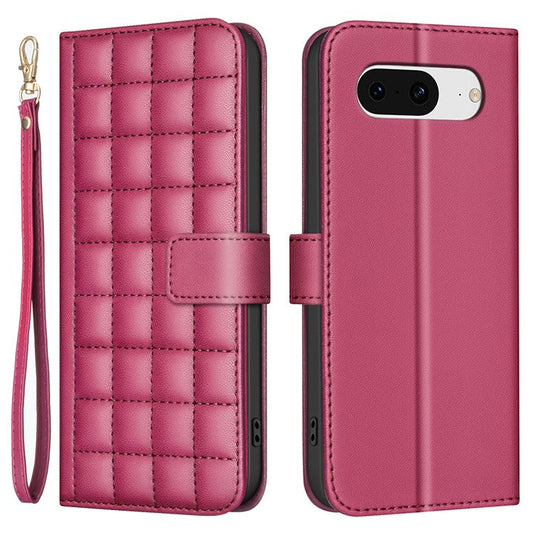 BINFEN COLOR BF34 for Google Pixel 8 Case Square Grid PU Leather Folio Flip Cover - Red