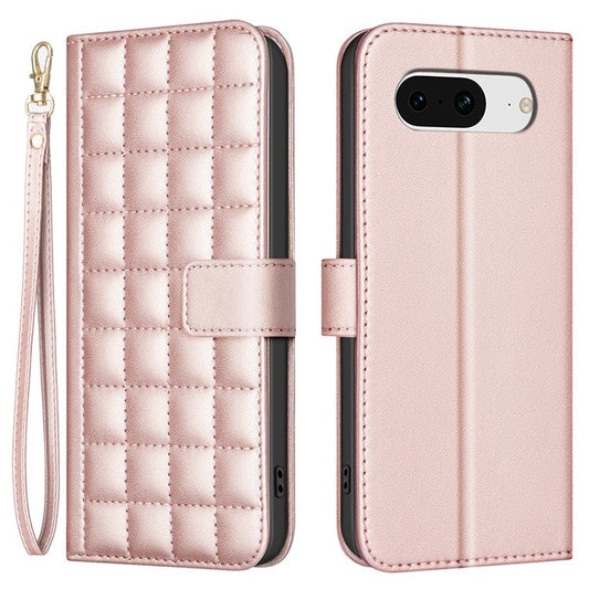 BINFEN COLOR BF34 for Google Pixel 8 Case Square Grid PU Leather Folio Flip Cover - Rose Gold