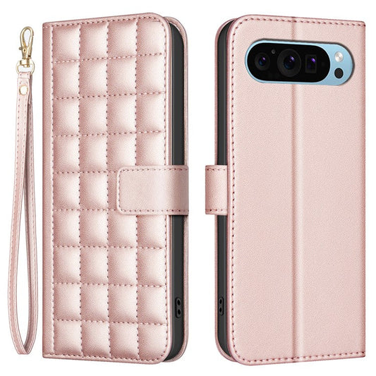 BINFEN COLOR BF34 for Google Pixel 9 Pro Leather Phone Case Square Grid Pattern - Rose Gold