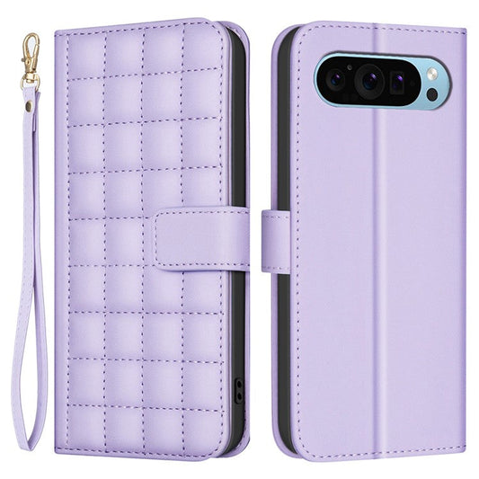 BINFEN COLOR BF34 for Google Pixel 9 Pro Leather Phone Case Square Grid Pattern - Light Purple