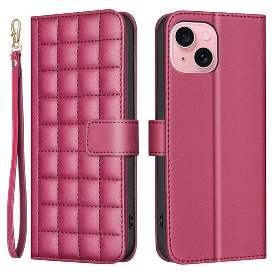 BINFEN-COLOR-BF34-for-iPhone-14-/-13-Case-Wallet-Phone-Leather-Cover-Square-Grid---Red
