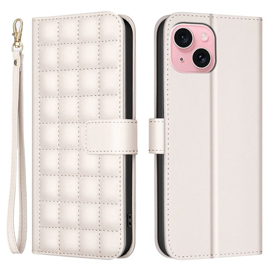 BINFEN-COLOR-BF34-for-iPhone-14-/-13-Case-Wallet-Phone-Leather-Cover-Square-Grid---Beige