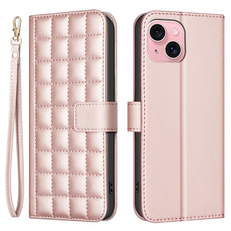 BINFEN-COLOR-BF34-for-iPhone-14-/-13-Case-Wallet-Phone-Leather-Cover-Square-Grid---Rose-Gold