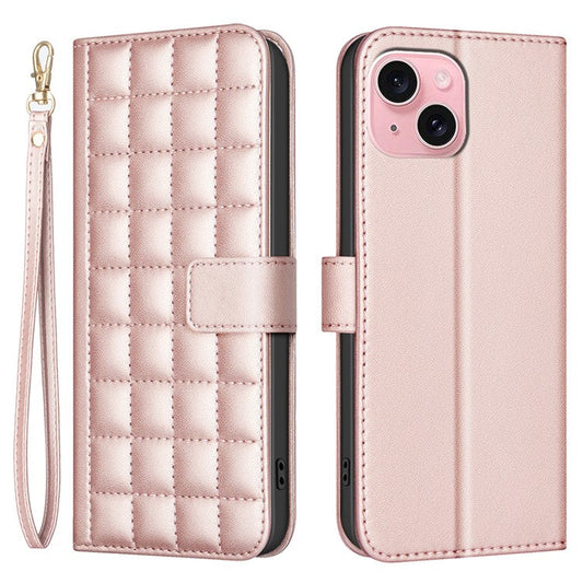 BINFEN-COLOR-BF34-for-iPhone-14-/-13-Case-Wallet-Phone-Leather-Cover-Square-Grid---Rose-Gold