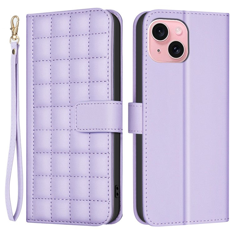 BINFEN-COLOR-BF34-for-iPhone-14-/-13-Case-Wallet-Phone-Leather-Cover-Square-Grid---Light-Purple