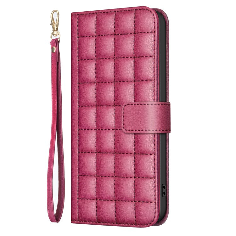 BINFEN COLOR BF34 for iPhone SE (2025) Case Square Grid PU Leather Cover Stand Wallet - Red