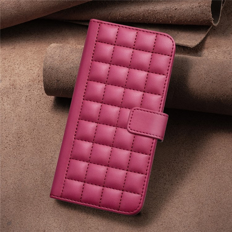 BINFEN COLOR BF34 for iPhone SE (2025) Case Square Grid PU Leather Cover Stand Wallet - Red