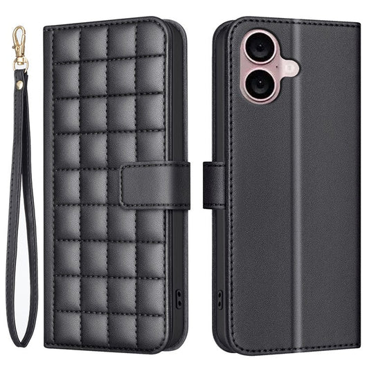 BINFEN COLOR BF34 for iPhone 16 Plus Wallet Case Square Grid PU Leather Phone Cover - Black
