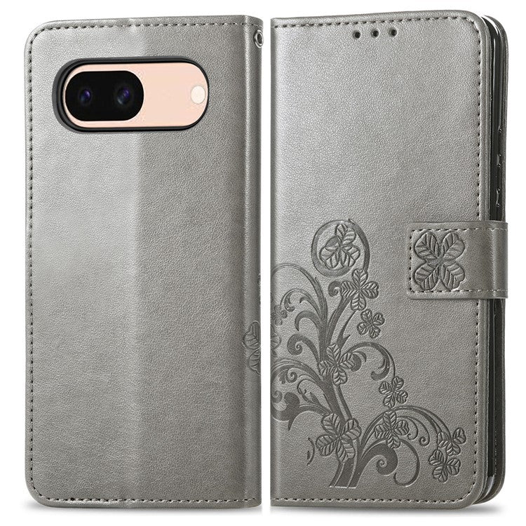 For Google Pixel 8a Leather Case Four-Leaf Clover Phone Wallet Cover - Grey