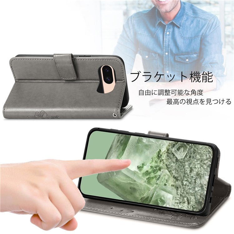 For Google Pixel 8a Leather Case Four-Leaf Clover Phone Wallet Cover - Grey