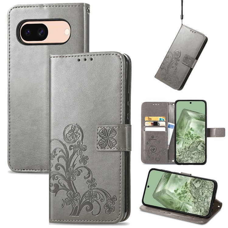 For Google Pixel 8a Leather Case Four-Leaf Clover Phone Wallet Cover - Grey