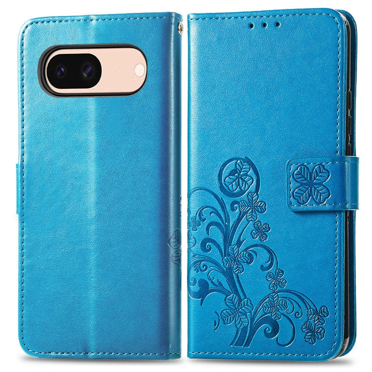 For Google Pixel 8a Leather Case Four-leaf Clover Phone Wallet Cover - Blue