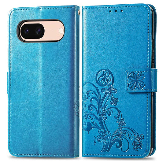 For Google Pixel 8a Leather Case Four-leaf Clover Phone Wallet Cover - Blue