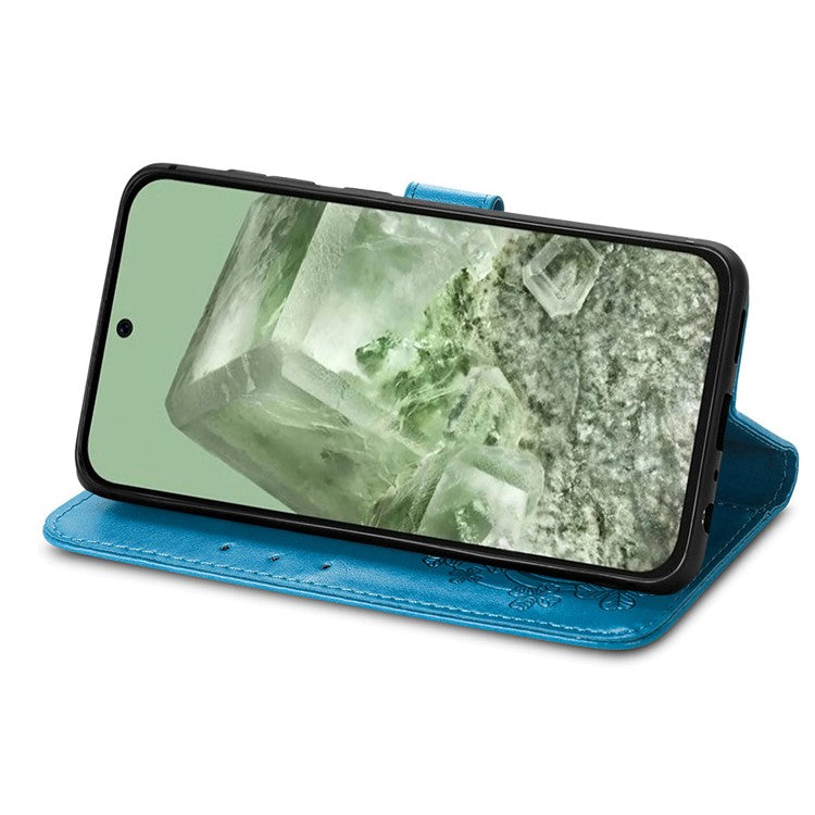 For Google Pixel 8a Leather Case Four-leaf Clover Phone Wallet Cover - Blue