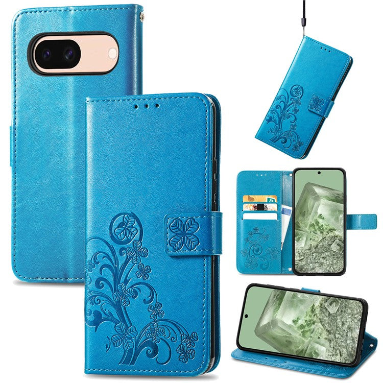 For Google Pixel 8a Leather Case Four-leaf Clover Phone Wallet Cover - Blue