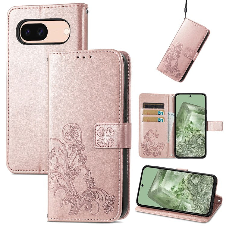 For Google Pixel 8a Leather Case Four-leaf Clover Phone Wallet Cover - Rose Gold