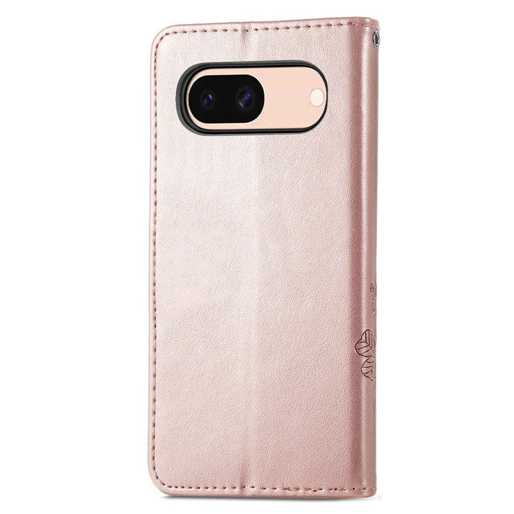 For Google Pixel 8a Leather Case Four-leaf Clover Phone Wallet Cover - Rose Gold