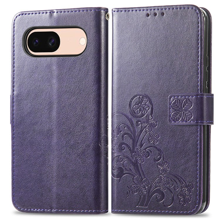 For Google Pixel 8a Leather Case Four-leaf Clover Phone Wallet Cover - Purple