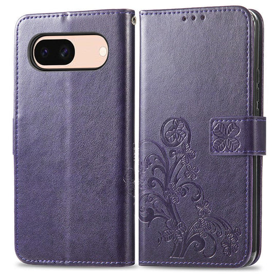 For Google Pixel 8a Leather Case Four-leaf Clover Phone Wallet Cover - Purple
