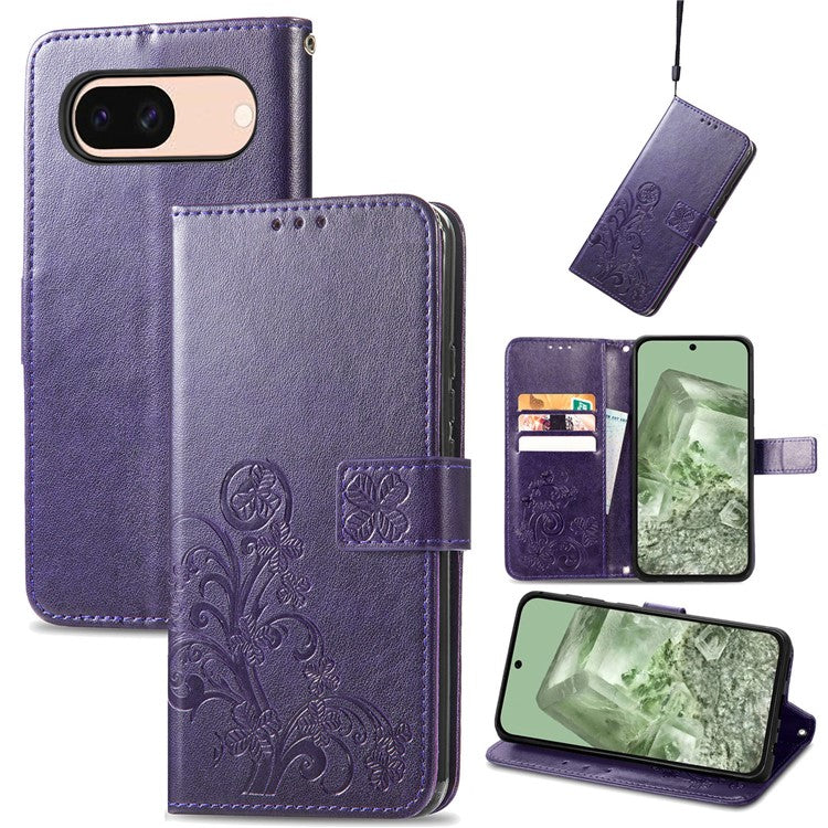 For Google Pixel 8a Leather Case Four-leaf Clover Phone Wallet Cover - Purple