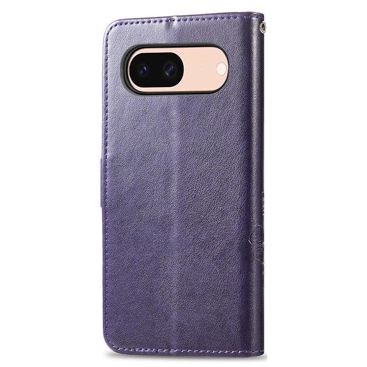 For Google Pixel 8a Leather Case Four-leaf Clover Phone Wallet Cover - Purple