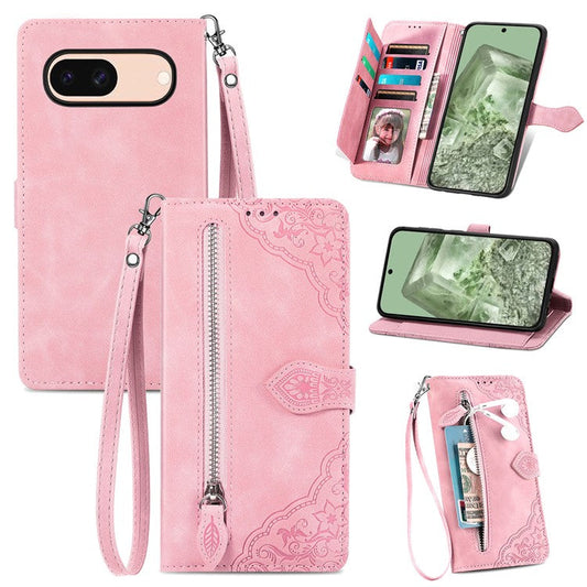 For Google Pixel 8a Case PU Leather Zipper Wallet Phone Cover Flower Pattern - Pink