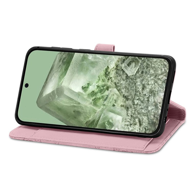 For Google Pixel 8a Case PU Leather Zipper Wallet Phone Cover Flower Pattern - Pink
