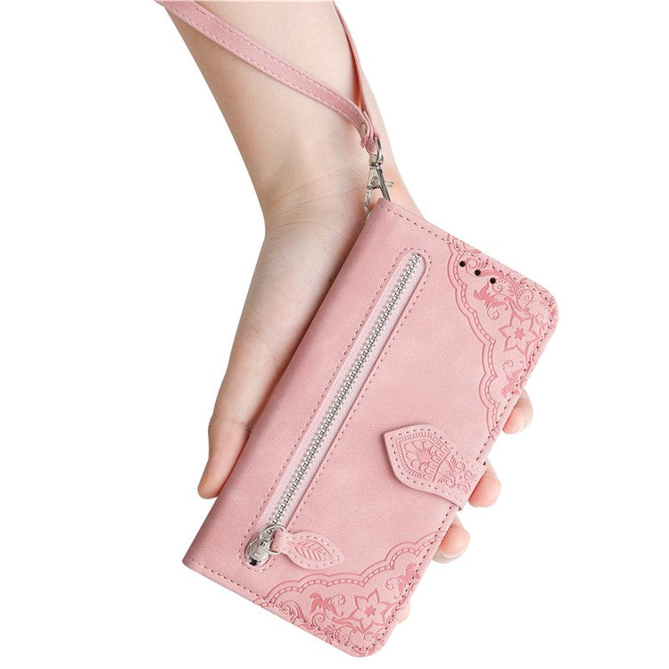 For Google Pixel 8a Case PU Leather Zipper Wallet Phone Cover Flower Pattern - Pink