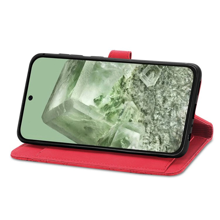 For Google Pixel 8a Case PU Leather Zipper Wallet Phone Cover Flower Pattern - Red