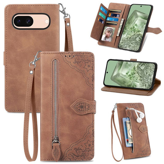For Google Pixel 8a Case PU Leather Zipper Wallet Phone Cover Flower Pattern - Brown