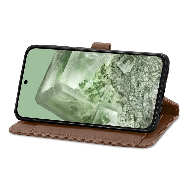 For Google Pixel 8a Case PU Leather Zipper Wallet Phone Cover Flower Pattern - Brown