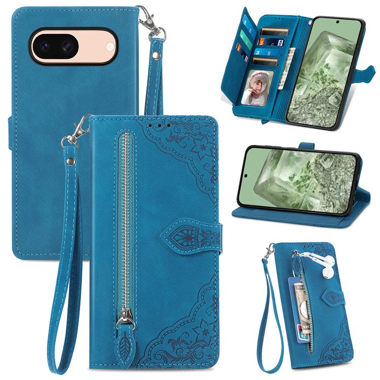 For Google Pixel 8a Case PU Leather Zipper Wallet Phone Cover Flower Pattern - Blue
