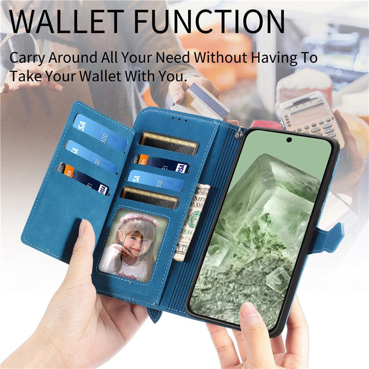 For Google Pixel 8a Case PU Leather Zipper Wallet Phone Cover Flower Pattern - Blue