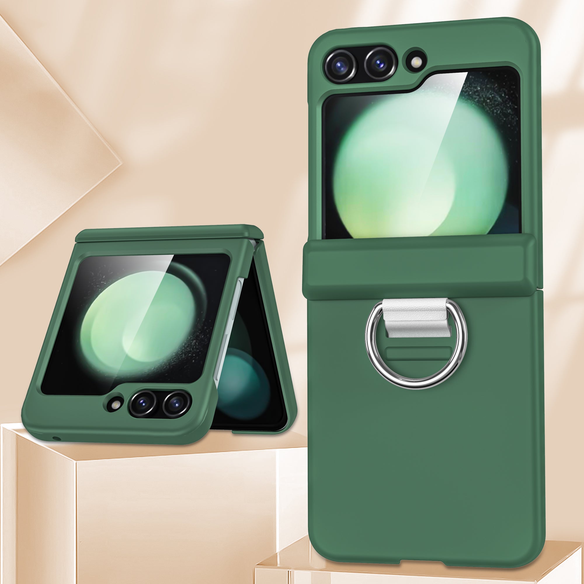 For Samsung Galaxy Z Flip6 5G Case Ring Holder Hinge Protection PC Phone Cover - Green