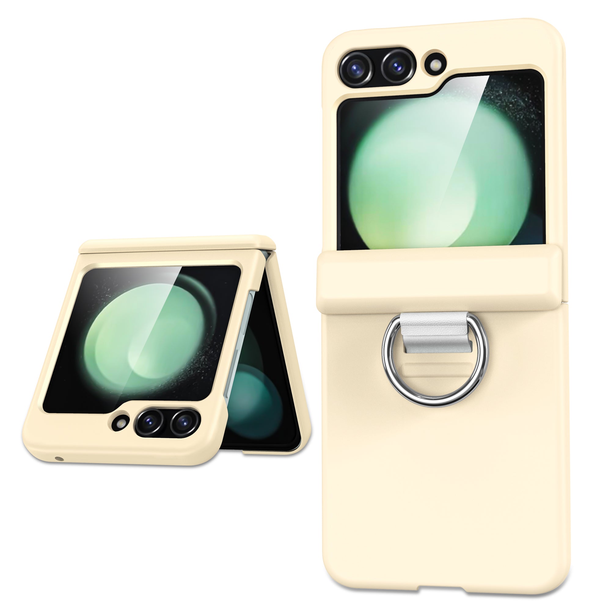 For Samsung Galaxy Z Flip6 5G Case Ring Holder Hinge Protection PC Phone Cover - Beige