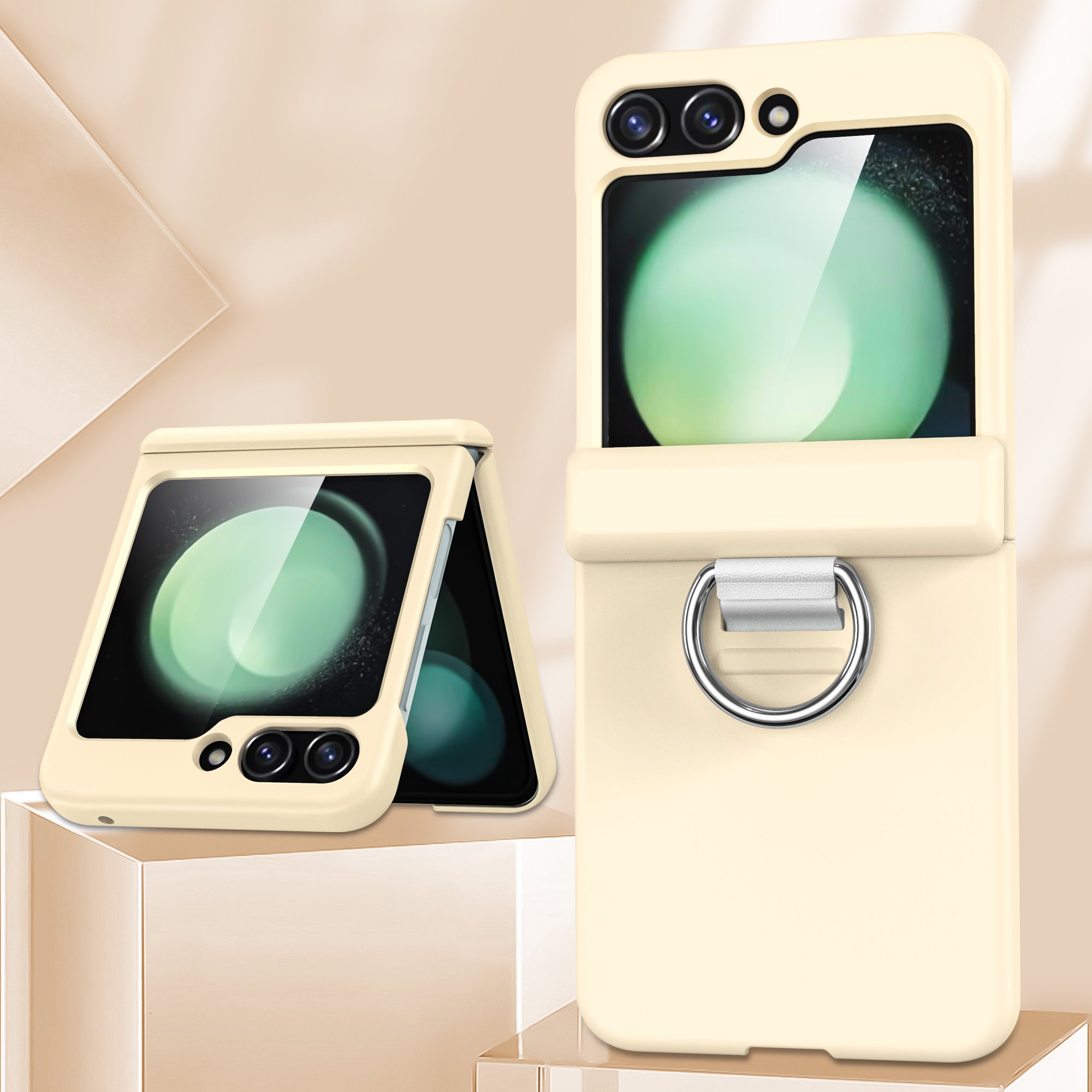 For Samsung Galaxy Z Flip6 5G Case Ring Holder Hinge Protection PC Phone Cover - Beige