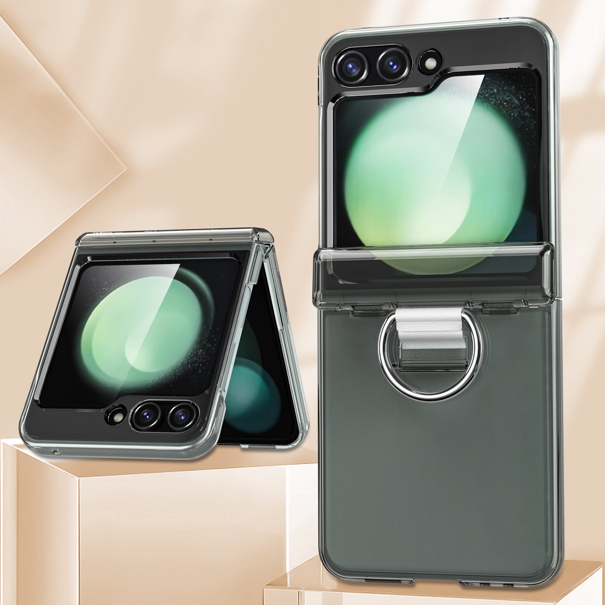 For Samsung Galaxy Z Flip6 5G Case Ring Holder Hinge Protection PC Phone Cover - Transparent
