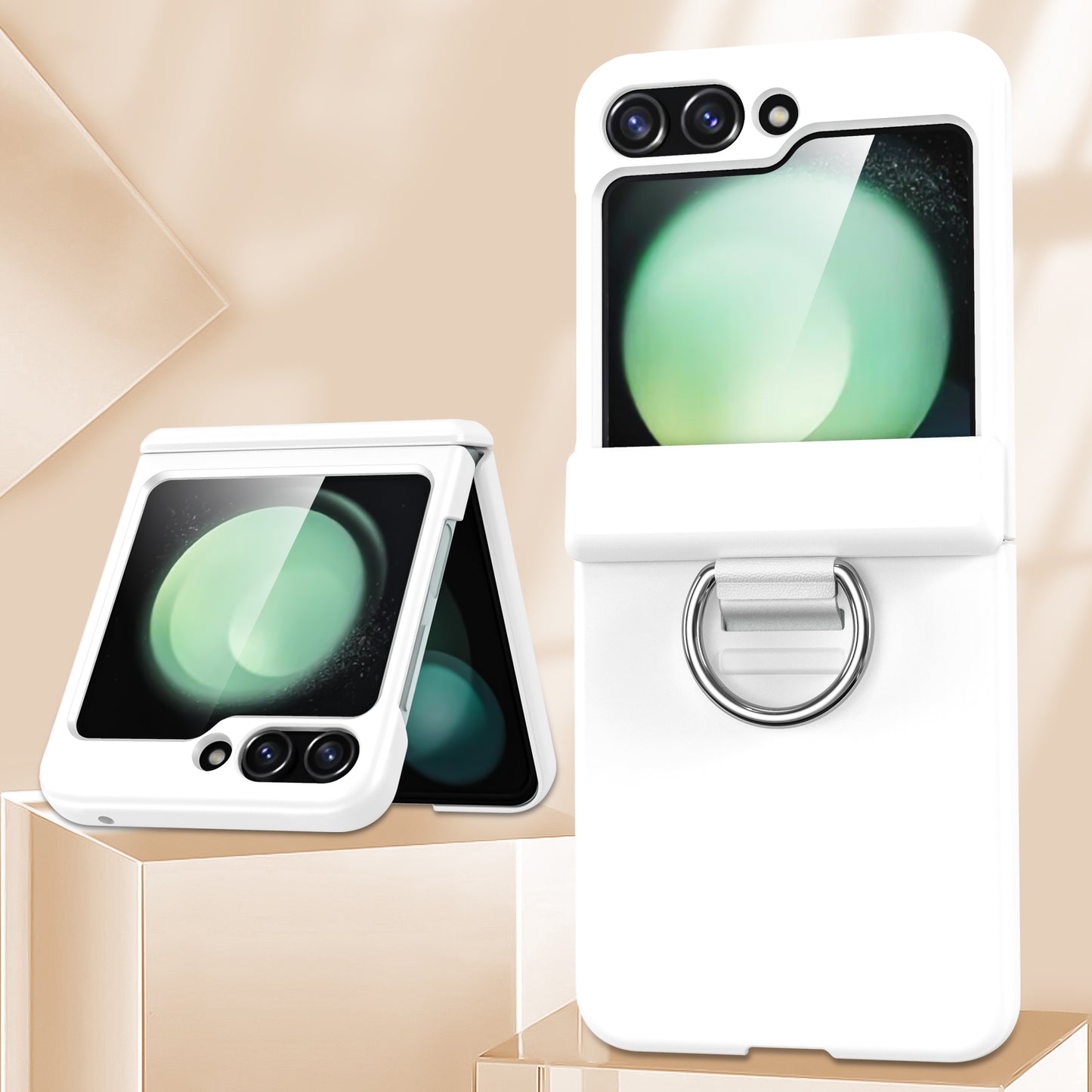 For Samsung Galaxy Z Flip6 5G Case Ring Holder Hinge Protection PC Phone Cover - White