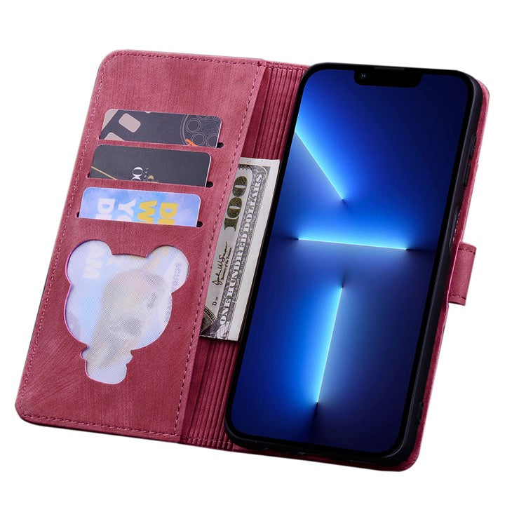 For iPhone 16 Case Cartoon Cat Pattern Card Holder Leather Phone Cover - Wine Red