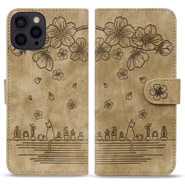 For iPhone 16 Pro Case Flower Cat Pattern Wallet Flip Leather Phone Cover - Brown
