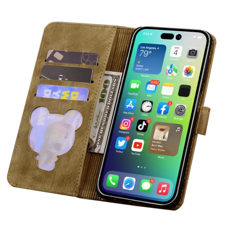 For iPhone 16 Pro Case Flower Cat Pattern Wallet Flip Leather Phone Cover - Brown