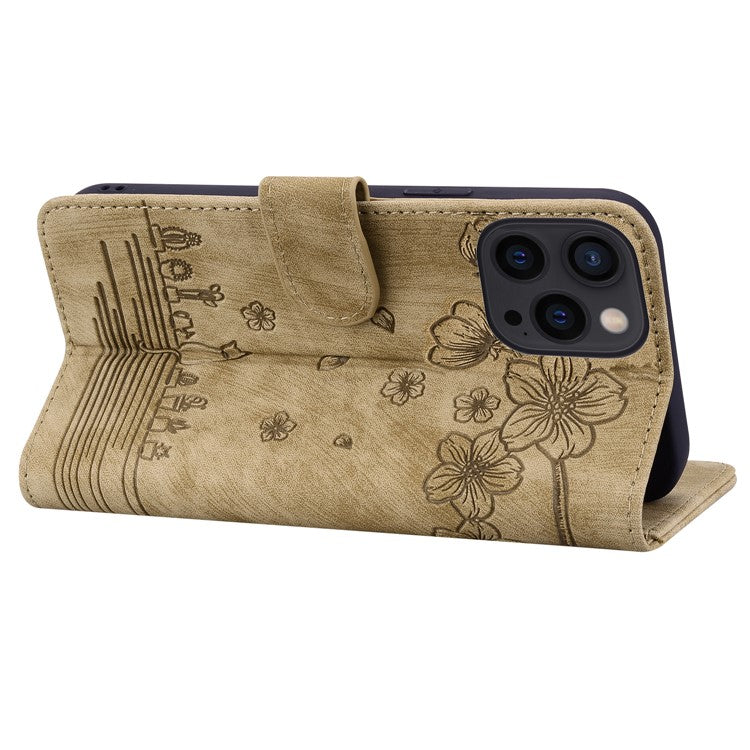 For iPhone 16 Pro Case Flower Cat Pattern Wallet Flip Leather Phone Cover - Brown
