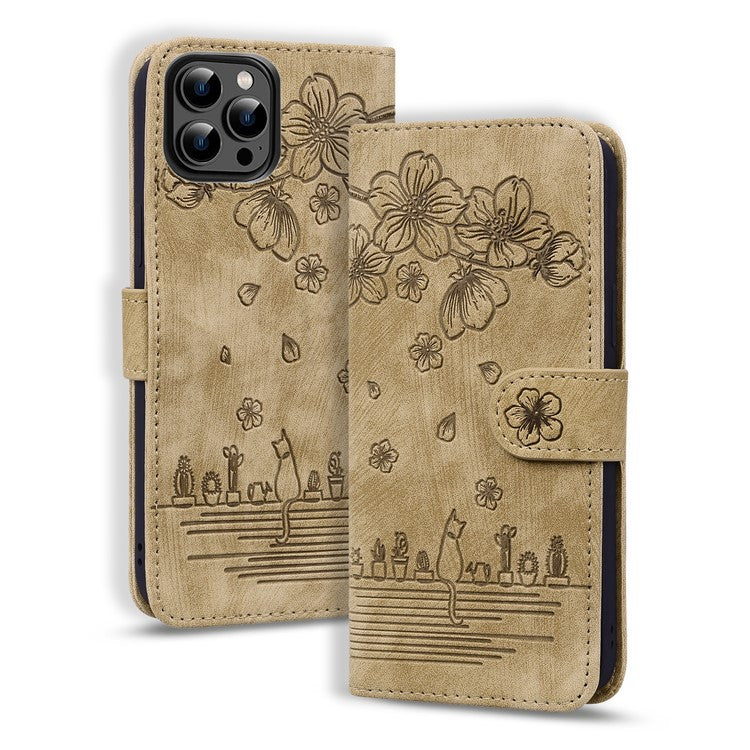 For iPhone 16 Pro Case Flower Cat Pattern Wallet Flip Leather Phone Cover - Brown