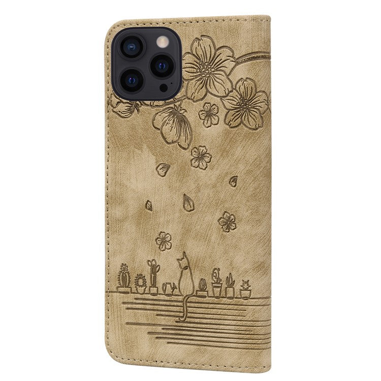 For iPhone 16 Pro Case Flower Cat Pattern Wallet Flip Leather Phone Cover - Brown