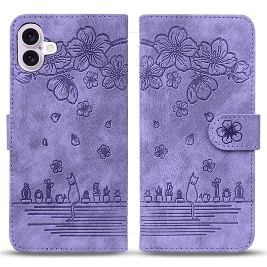 For iPhone 16 Plus Case Flower Cat Imprinted Leather Phone Cover with Card Holder Wallet - Purple