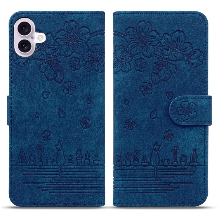 For iPhone 16 Plus Case Flower Cat Imprinted Leather Phone Cover with Card Holder Wallet - Blue