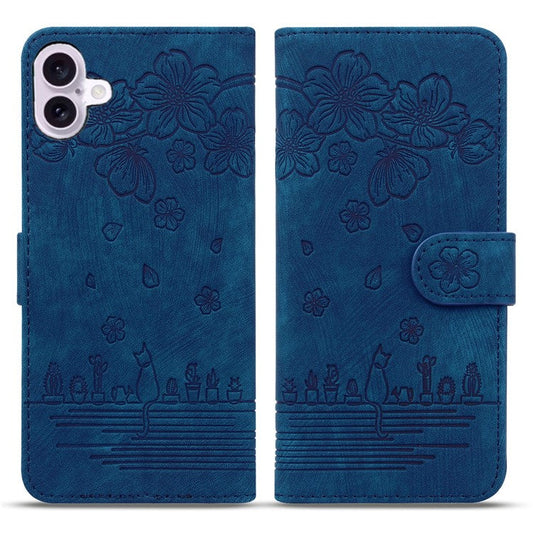 For iPhone 16 Plus Case Flower Cat Imprinted Leather Phone Cover with Card Holder Wallet - Blue